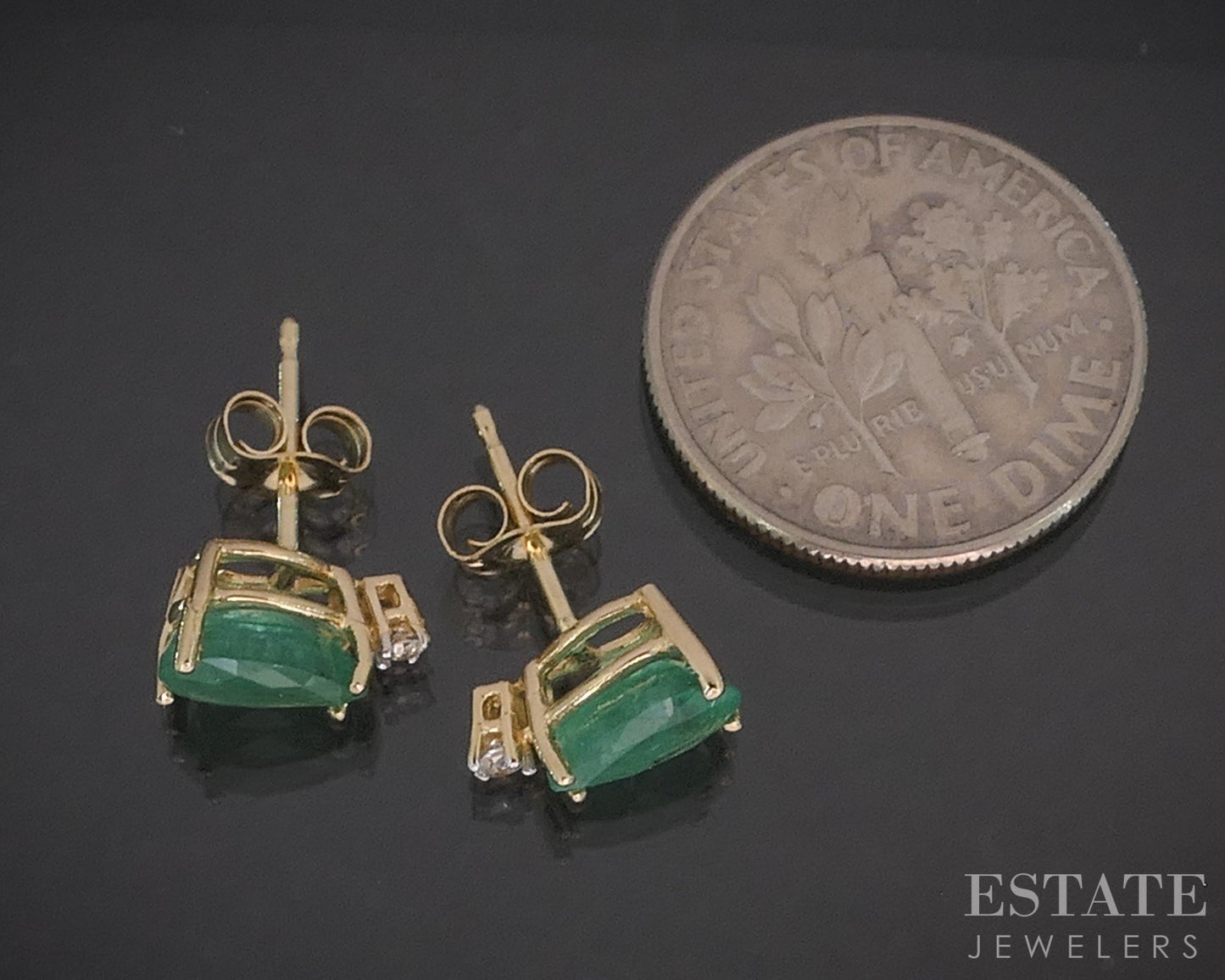 14k Yellow Gold Natural Emerald & Diamond Stud Earrings 1.2g i20358b