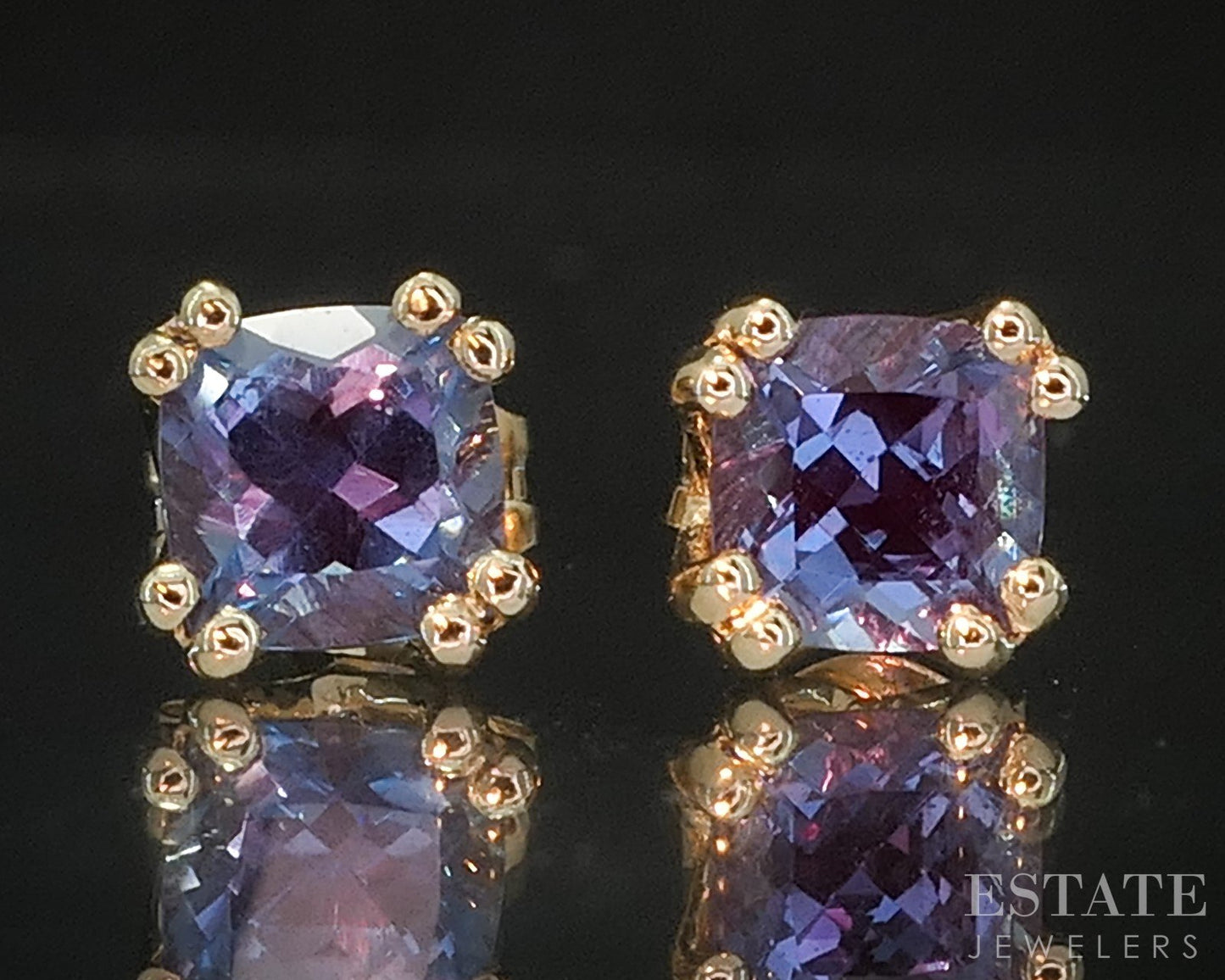 14k Yellow Gold Cushion Cut Alexandrite Stud Earrings 1.3g i20366b