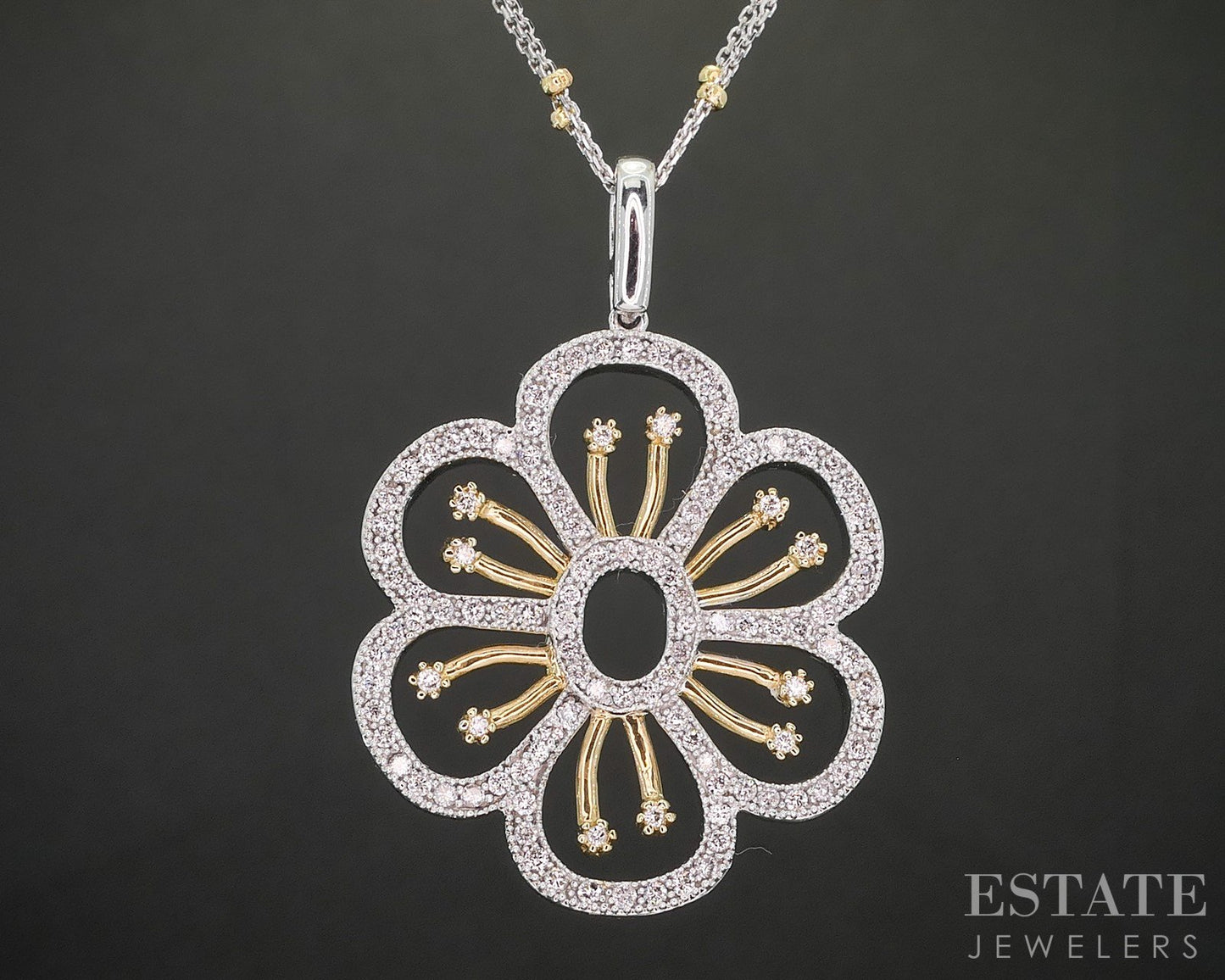 14k Yellow & White Gold Natural .50ctw Diamond Flower Necklace 10.7g 16"L i20383