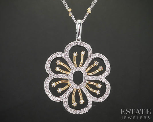 14k Yellow & White Gold Natural .50ctw Diamond Flower Necklace 10.7g 16"L i20383