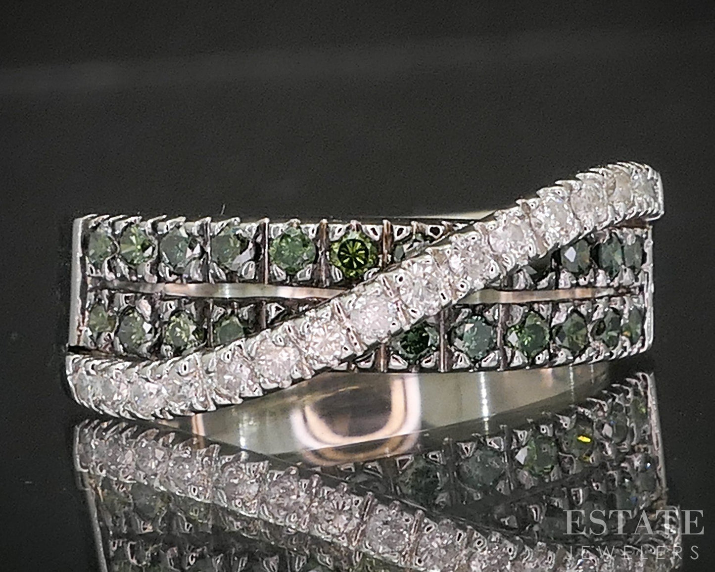 14k White Gold Natural Green & White Diamond Ladies Band Ring 4.7g i20377