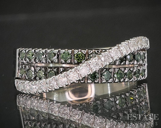 14k White Gold Natural Green & White Diamond Ladies Band Ring 4.7g i20377