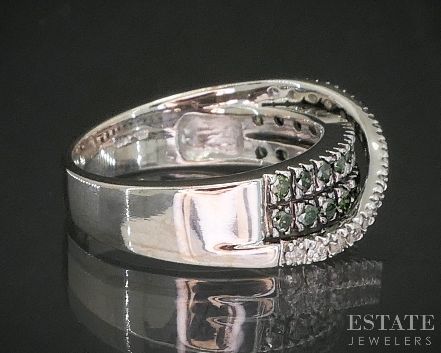 14k White Gold Natural Green & White Diamond Ladies Band Ring 4.7g i20377