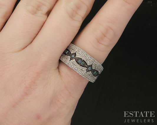 Sterling Silver Natural Blue & White Diamond Ladies Band Ring 8.5g i20392