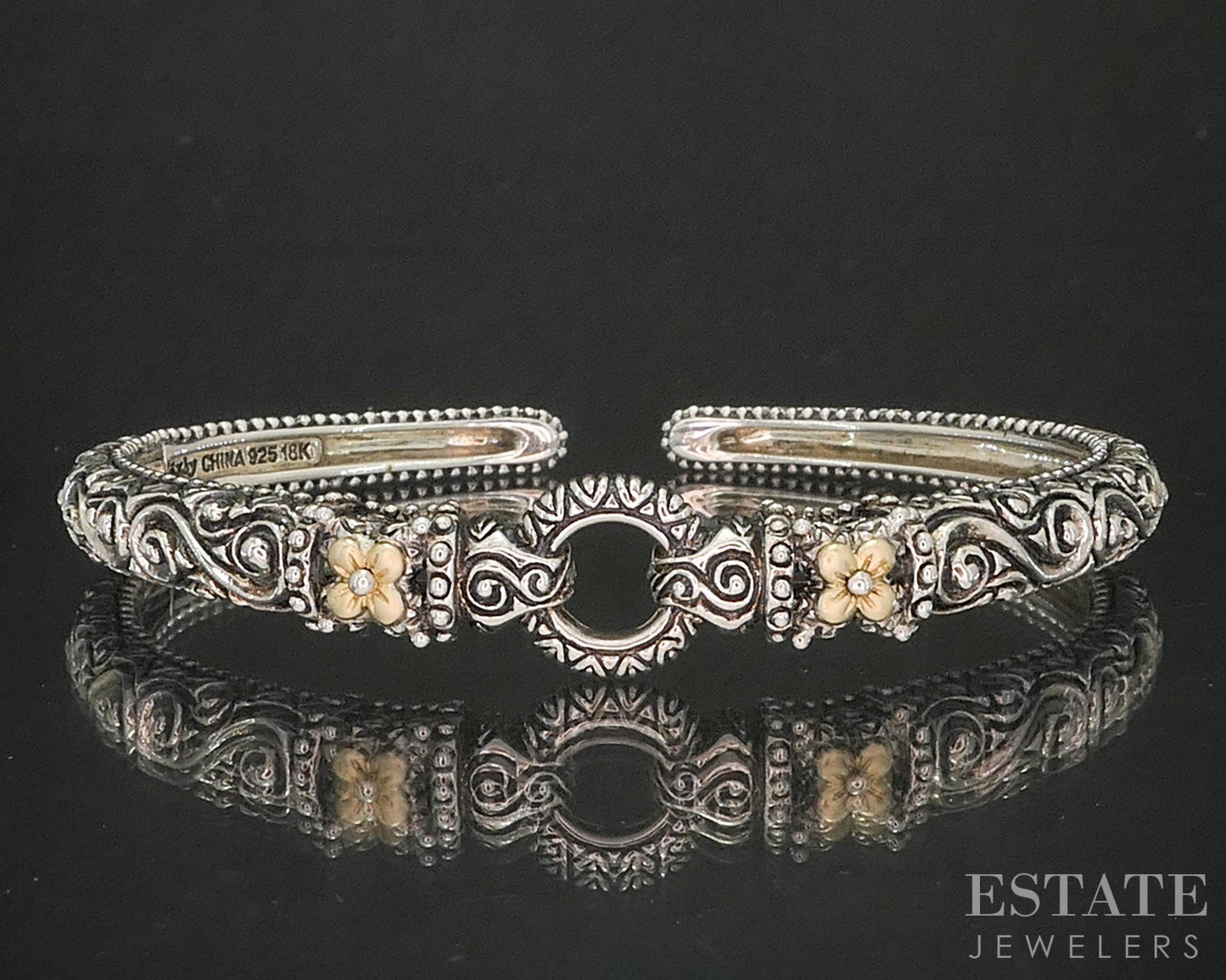 18k & Sterling Barbara Bixby Flower Scroll Ladies Cuff Bracelet 29.2g i20391