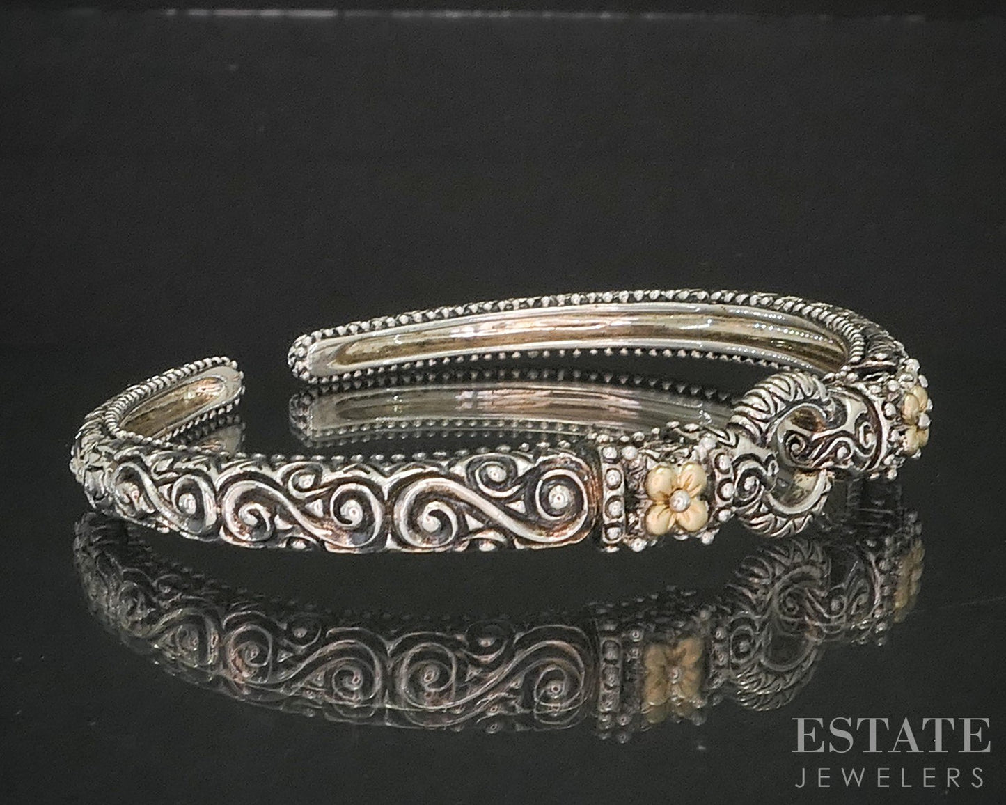 18k & Sterling Barbara Bixby Flower Scroll Ladies Cuff Bracelet 29.2g i20391