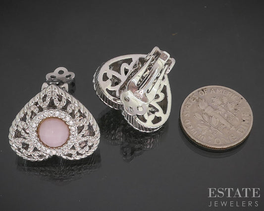 Sterling Silver Judith Ripka Natural Rose Quartz & CZ Heart Earrings 13g i20405