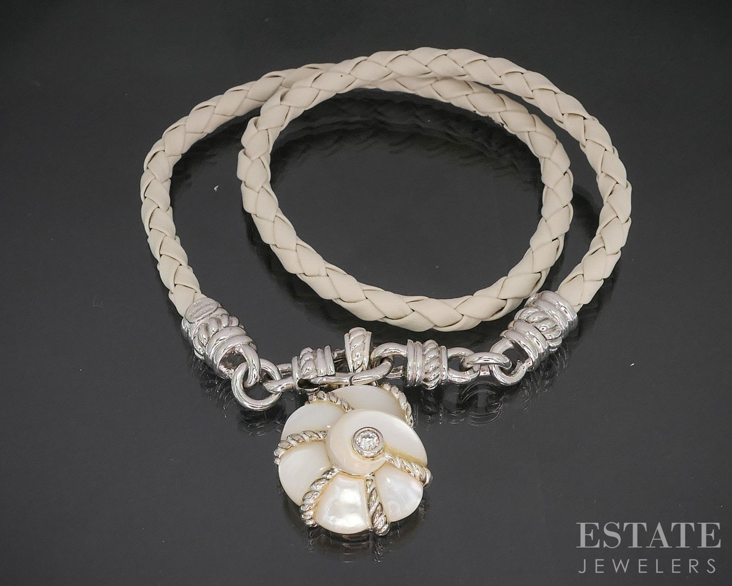 Sterling Judith Ripka Mother of Pearl CZ Seashell Leather Necklace 40g i20393