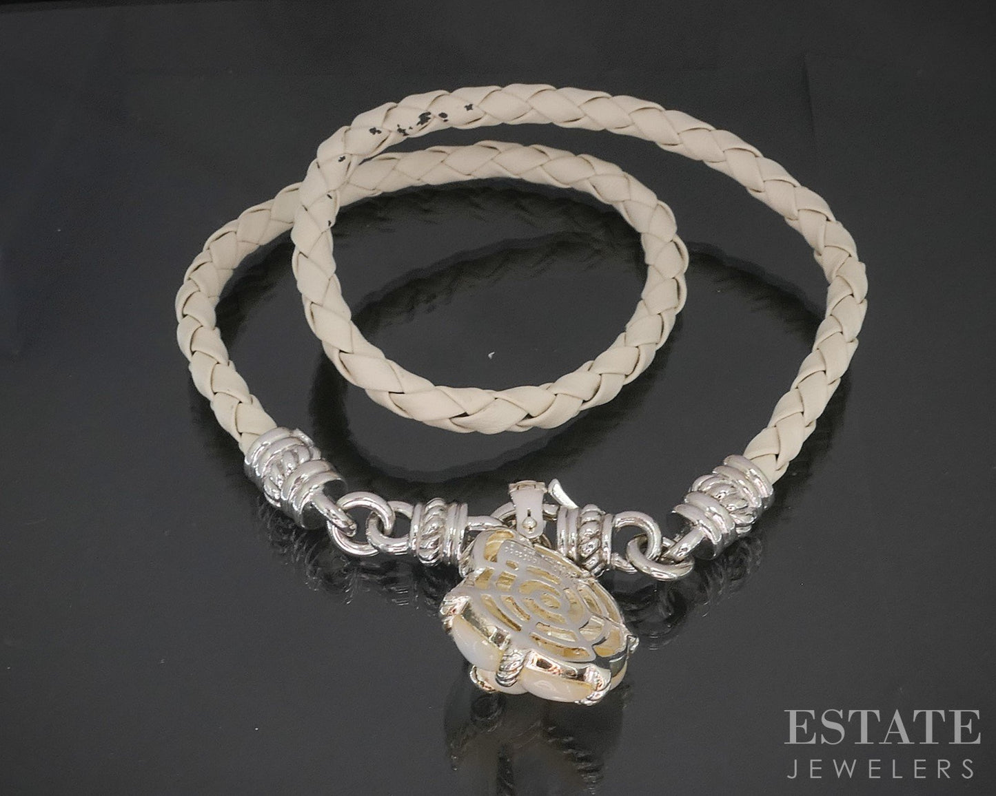 Sterling Judith Ripka Mother of Pearl CZ Seashell Leather Necklace 40g i20393