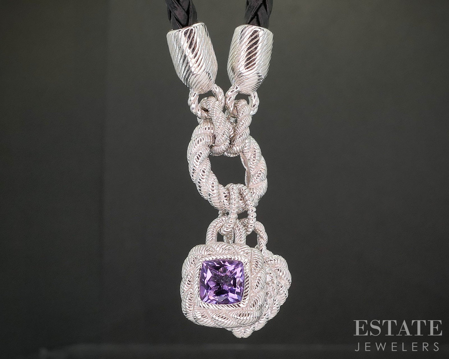 Sterling Judith Ripka Amethyst CZ Heart Charm Leather Necklace 25g i20403