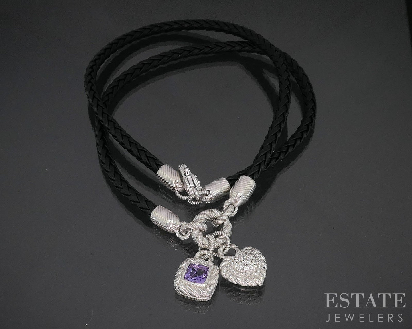 Sterling Judith Ripka Amethyst CZ Heart Charm Leather Necklace 25g i20403