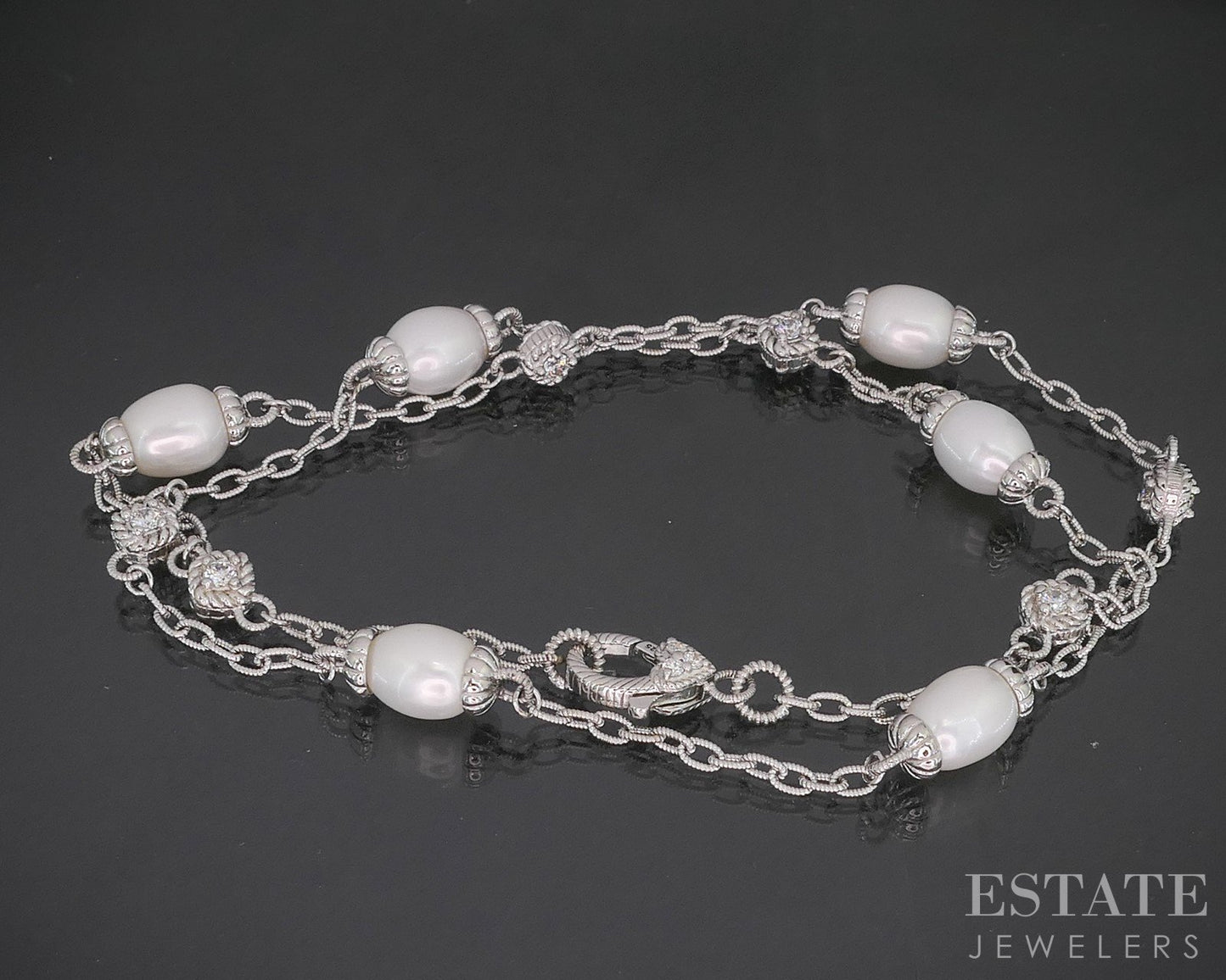 Sterling Judith Ripka Cultured Pearl & CZ Cable Link Necklace 29g 22"L i20408