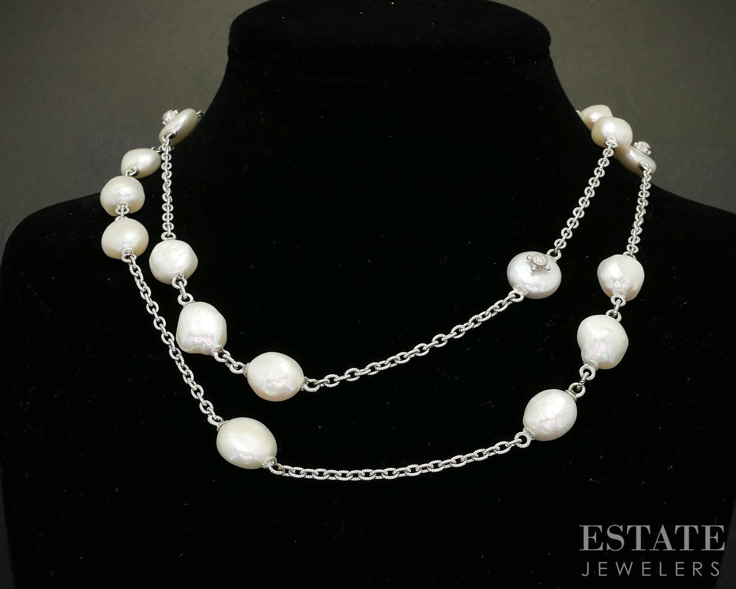 Sterling Judith Ripka Freshwater Pearl & CZ Cable Link Necklace 47g 36"L i20407