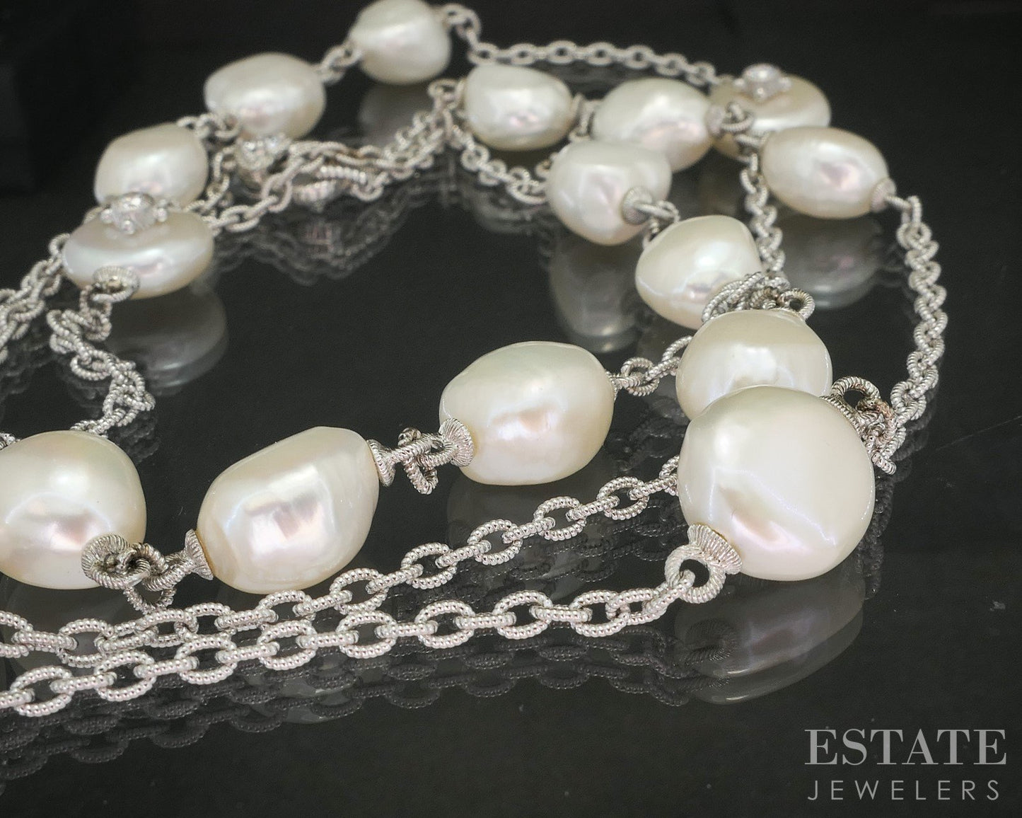 Sterling Judith Ripka Freshwater Pearl & CZ Cable Link Necklace 47g 36"L i20407