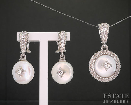 Sterling Judith Ripka Mabe Pearl & CZ Clip On Earrings & Pendant Set 15g i20411