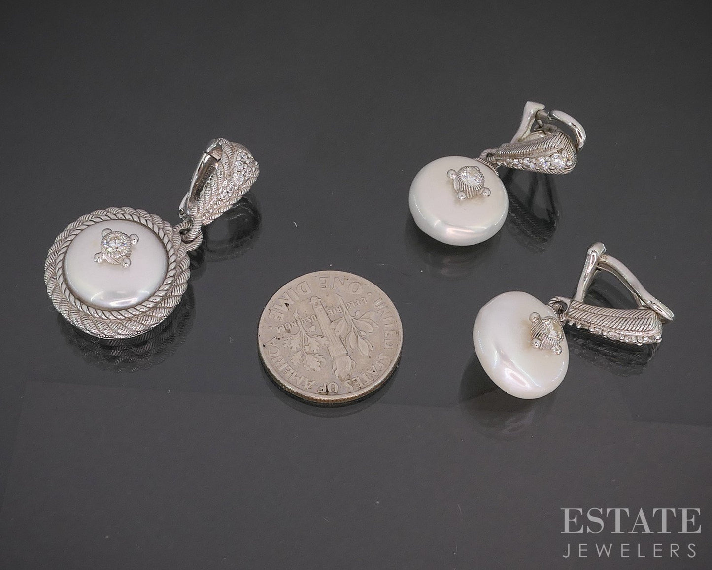 Sterling Judith Ripka Mabe Pearl & CZ Clip On Earrings & Pendant Set 15g i20411