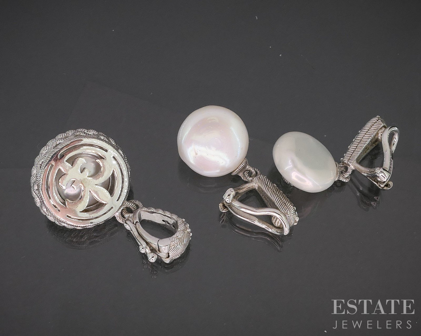 Sterling Judith Ripka Mabe Pearl & CZ Clip On Earrings & Pendant Set 15g i20411