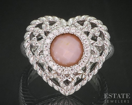 Sterling Silver Judith Ripka Natural Rose Quartz & CZ Heart Ring 9g i20460