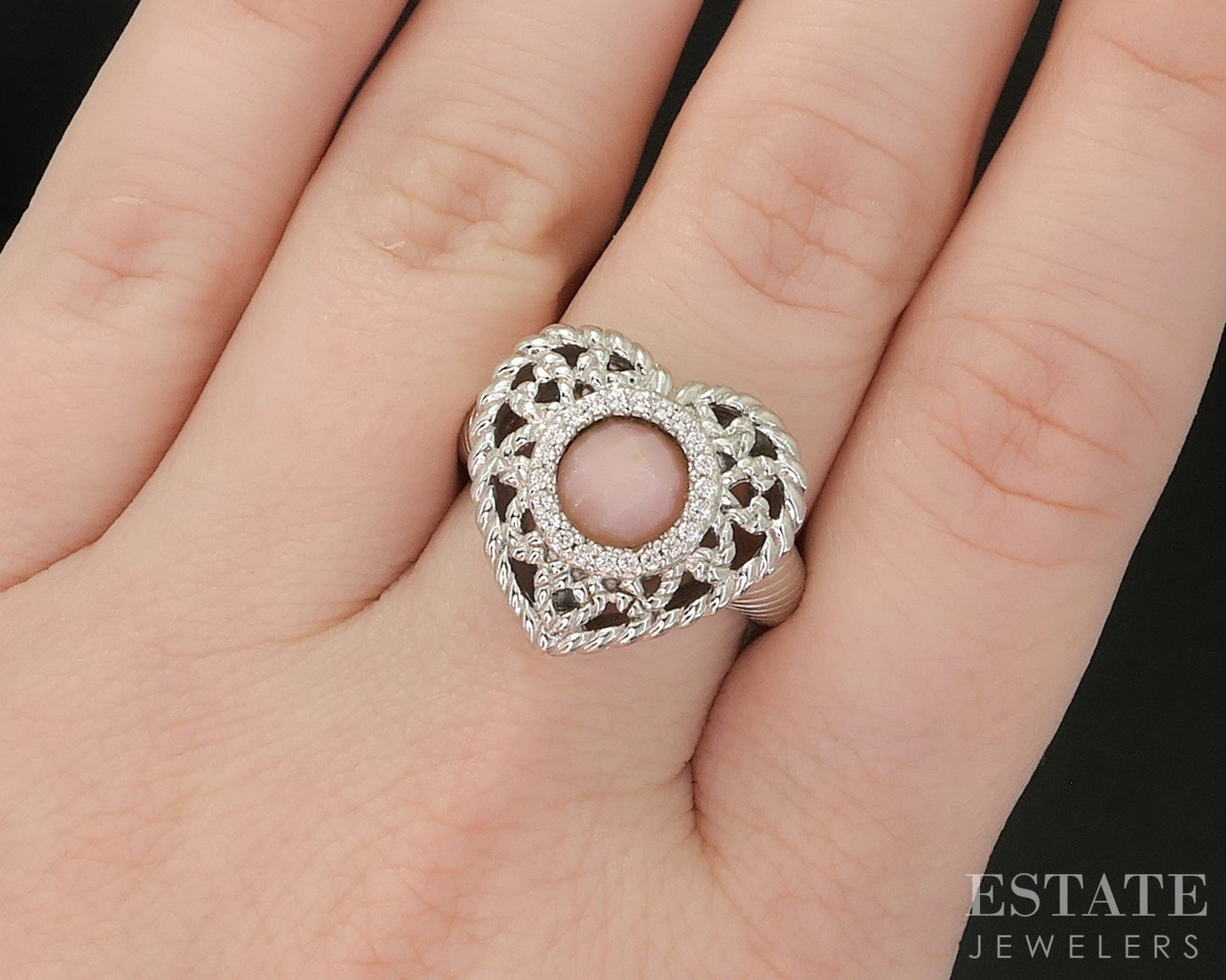 Sterling Silver Judith Ripka Natural Rose Quartz & CZ Heart Ring 9g i20460