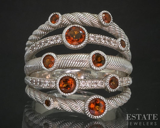 Sterling Silver Judith Ripka Garnet & CZ Cable Ladies Band Ring 9g i20457