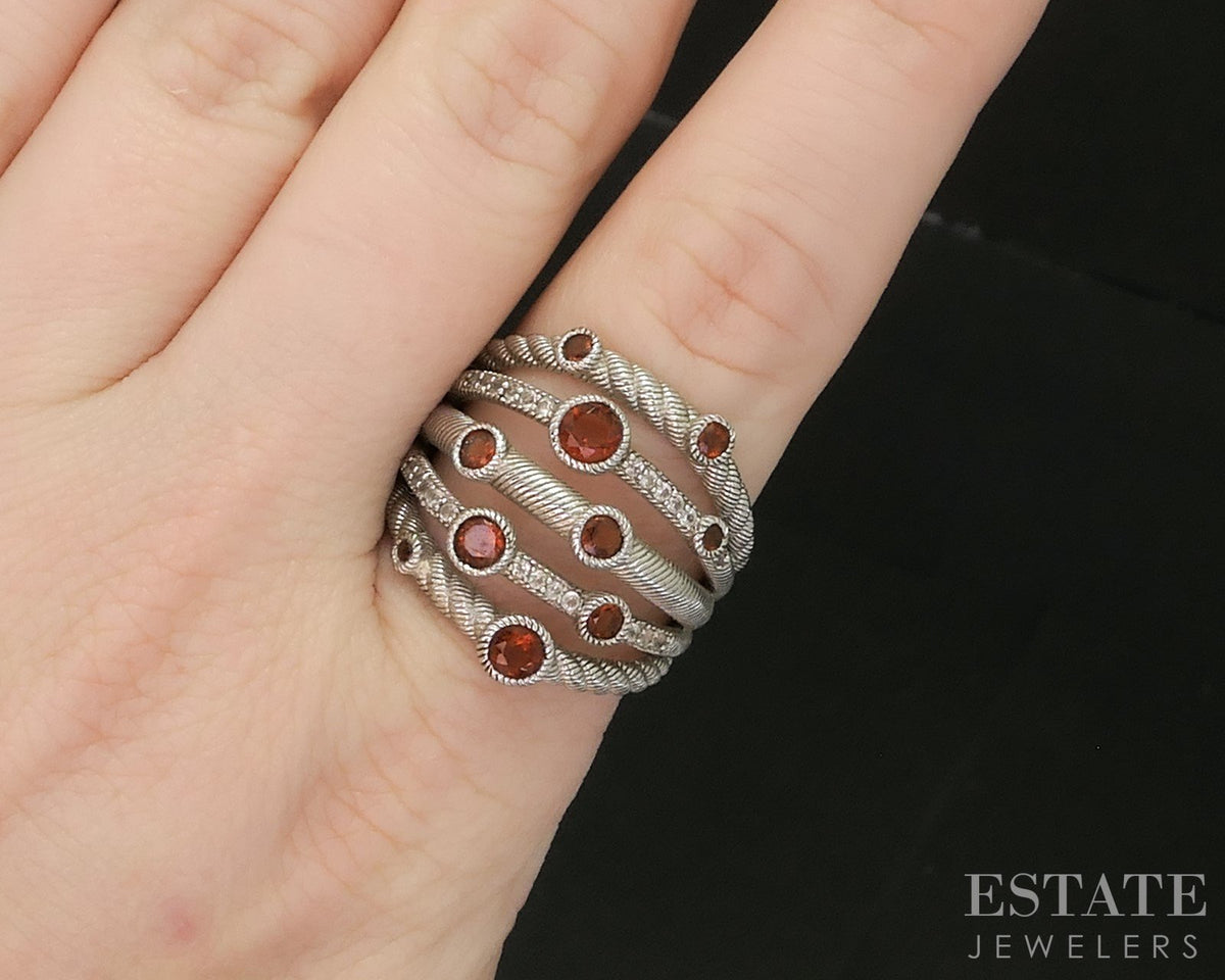 Sterling Silver Judith Ripka Garnet & CZ Cable Ladies Band Ring 9g p92335