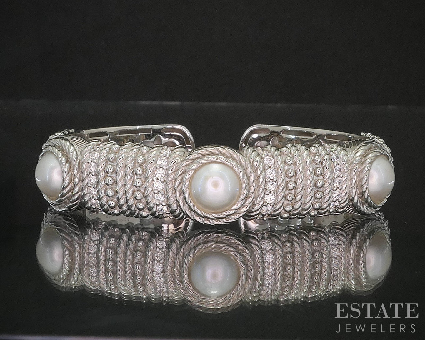Sterling Judith Ripka Mabe Pearl & CZ Cable Hinged Cuff Bracelet 52.4g i20456