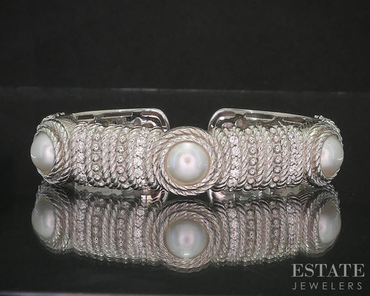 Sterling Judith Ripka Mabe Pearl & CZ Cable Hinged Cuff Bracelet 52.4g i20456