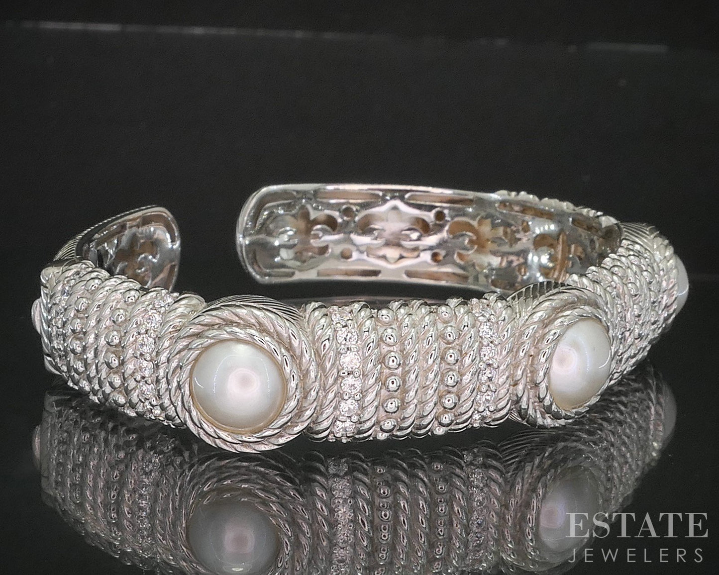 Sterling Judith Ripka Mabe Pearl & CZ Cable Hinged Cuff Bracelet 52.4g i20456