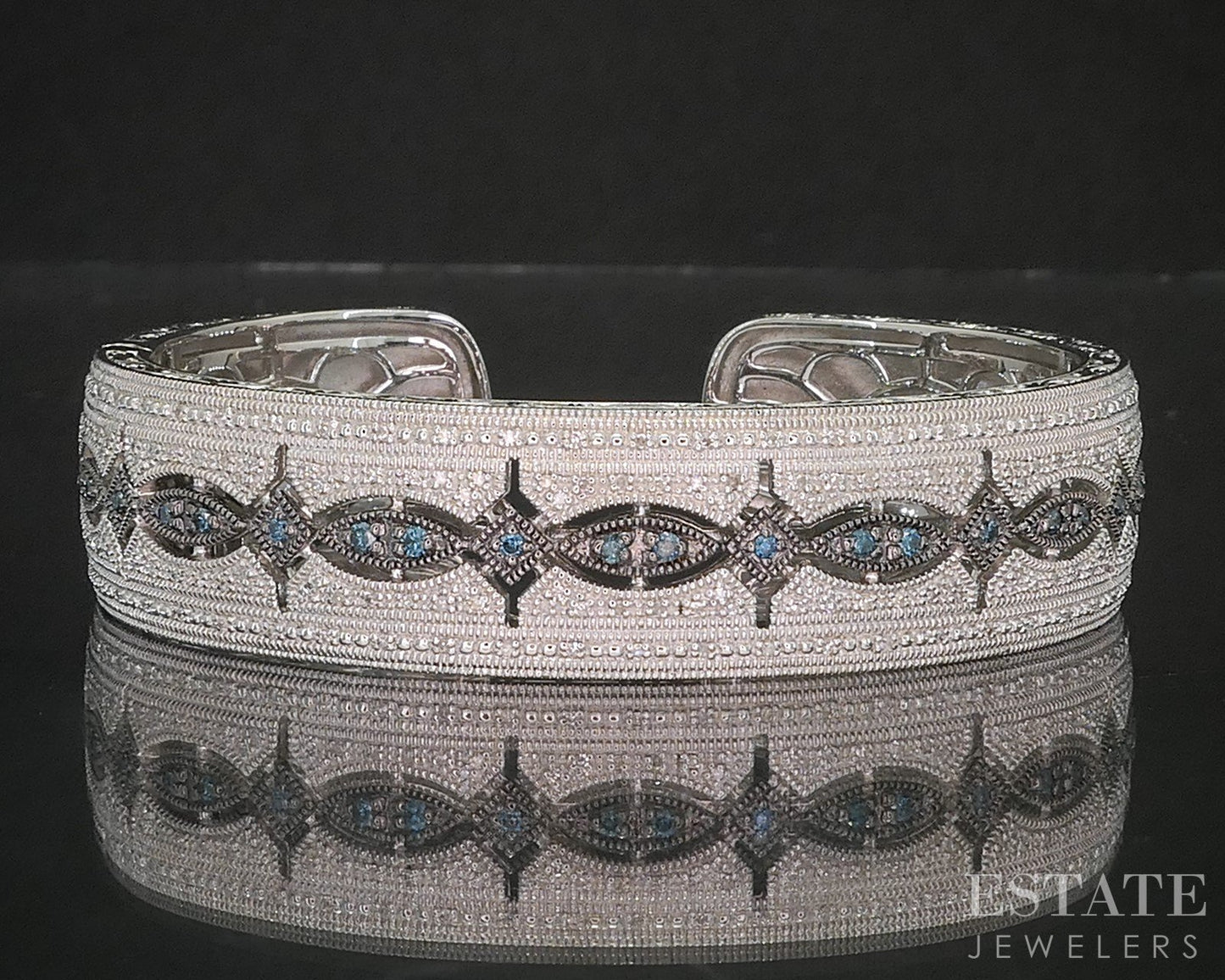 Sterling Silver Natural Blue & White Diamond Ladies Cuff Bracelet 49.2g i20455