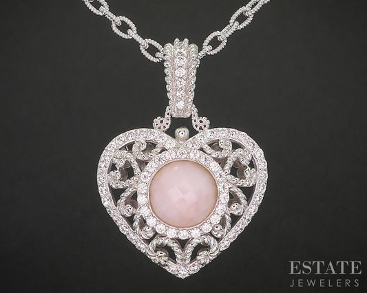 Sterling Silver Judith Ripka Natural Rose Quartz & CZ Heart Necklace 33g i20454