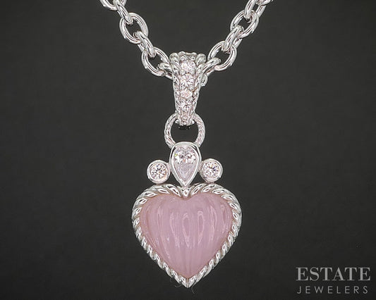Sterling Silver Judith Ripka Natural Rose Quartz & CZ Heart Necklace 22g i20453