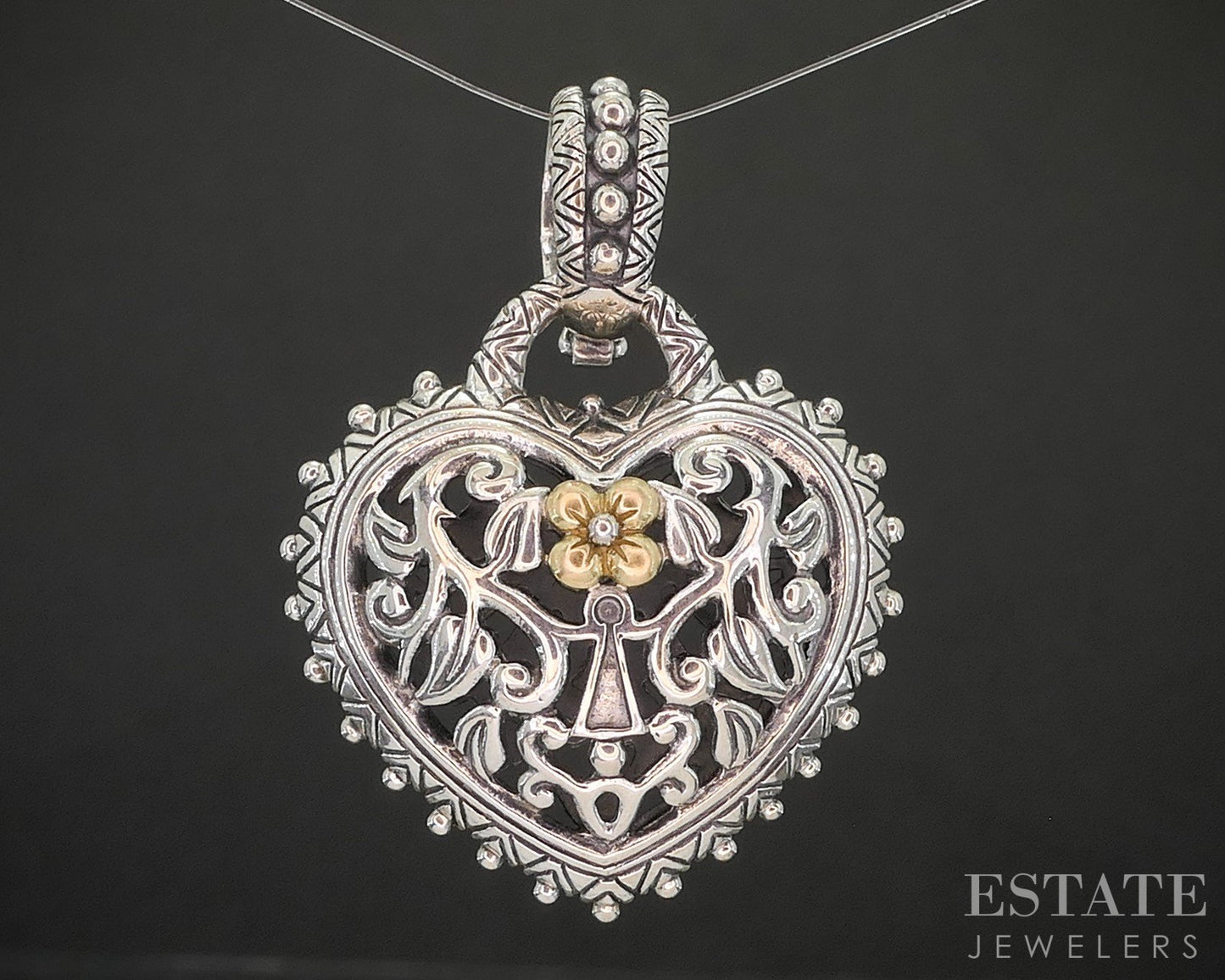 18k & Sterling Barbara Bixby Open Heart Lotus Flower Ladies Pendant 12g i20451