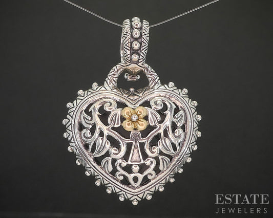 18k & Sterling Barbara Bixby Open Heart Lotus Flower Ladies Pendant 12g i20451