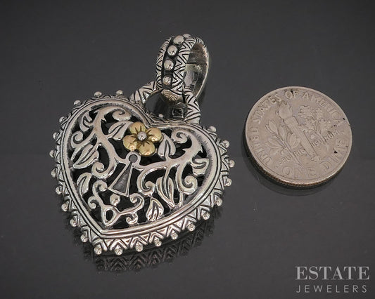 18k & Sterling Barbara Bixby Open Heart Lotus Flower Ladies Pendant 12g i20451