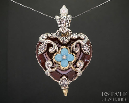 18k & Sterling Barbara Bixby Turquoise Carnelian Heart Pendant 17g i20448