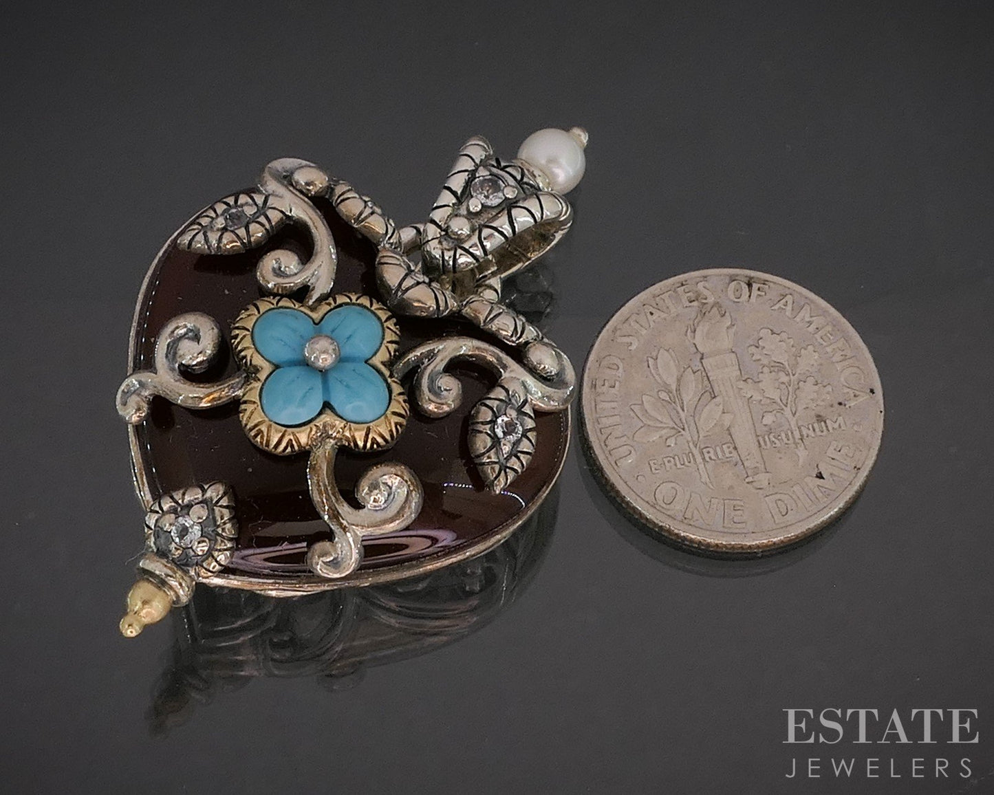 18k & Sterling Barbara Bixby Turquoise Carnelian Heart Pendant 17g i20448