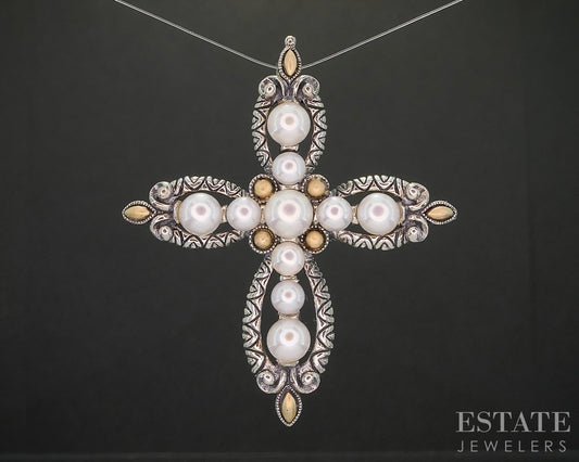 18k & Sterling Barbara Bixby Cultured Pearl Cross Ladies Pendant 11.7g i20447