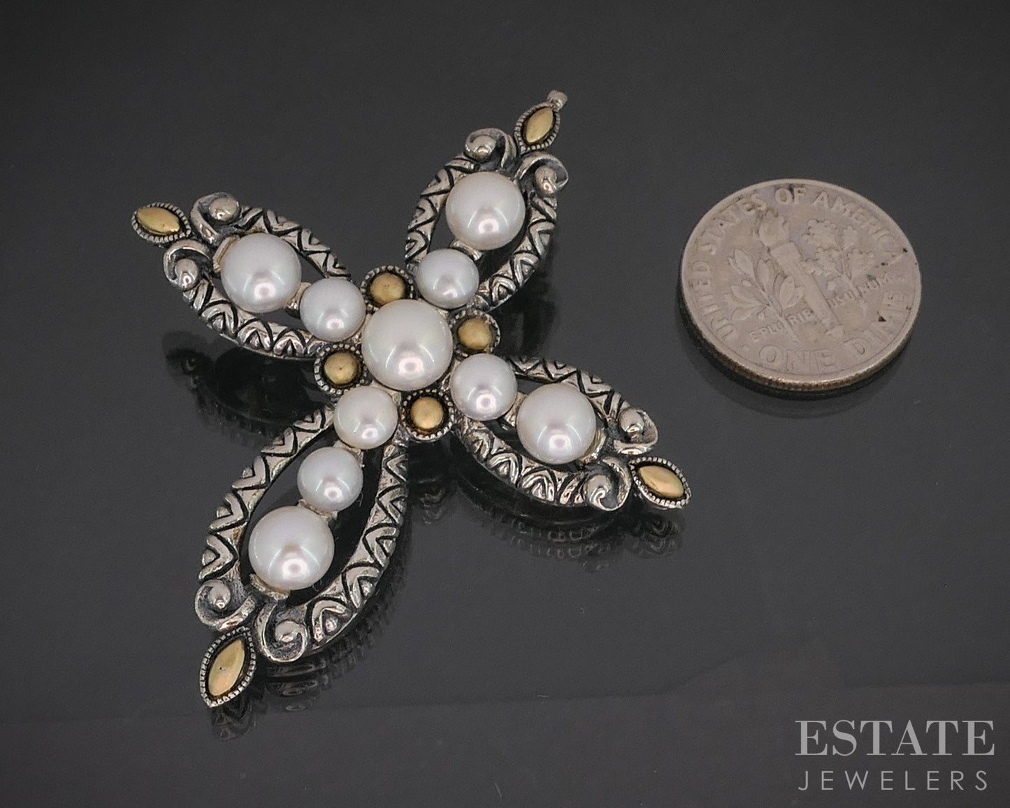 18k & Sterling Barbara Bixby Cultured Pearl Cross Ladies Pendant 11.7g i20447