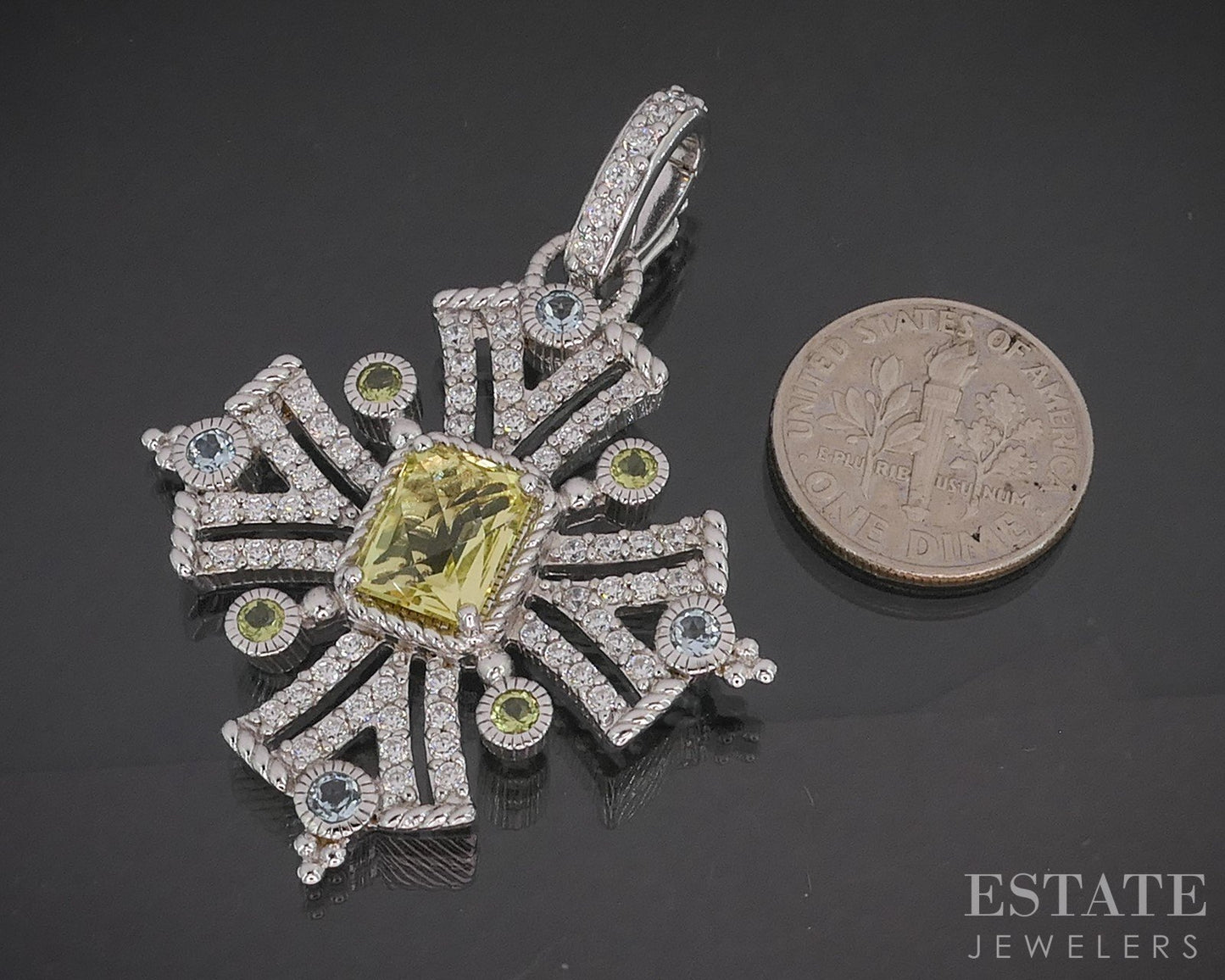 Sterling Silver Judith Ripka Multi Gem Maltese Cross Pendant 11.5g i20444