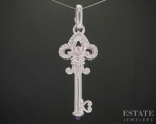 Sterling Silver Judith Ripka Amethyst & CZ Skeleton Key Pendant 10.6g i20442