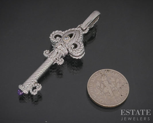 Sterling Silver Judith Ripka Amethyst & CZ Skeleton Key Pendant 10.6g i20442