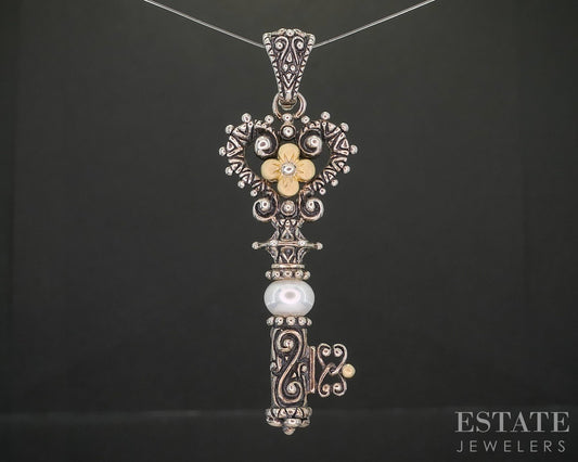 18k & Sterling Barbara Bixby Cultured Pearl Key Ladies Pendant 7.7g i20441