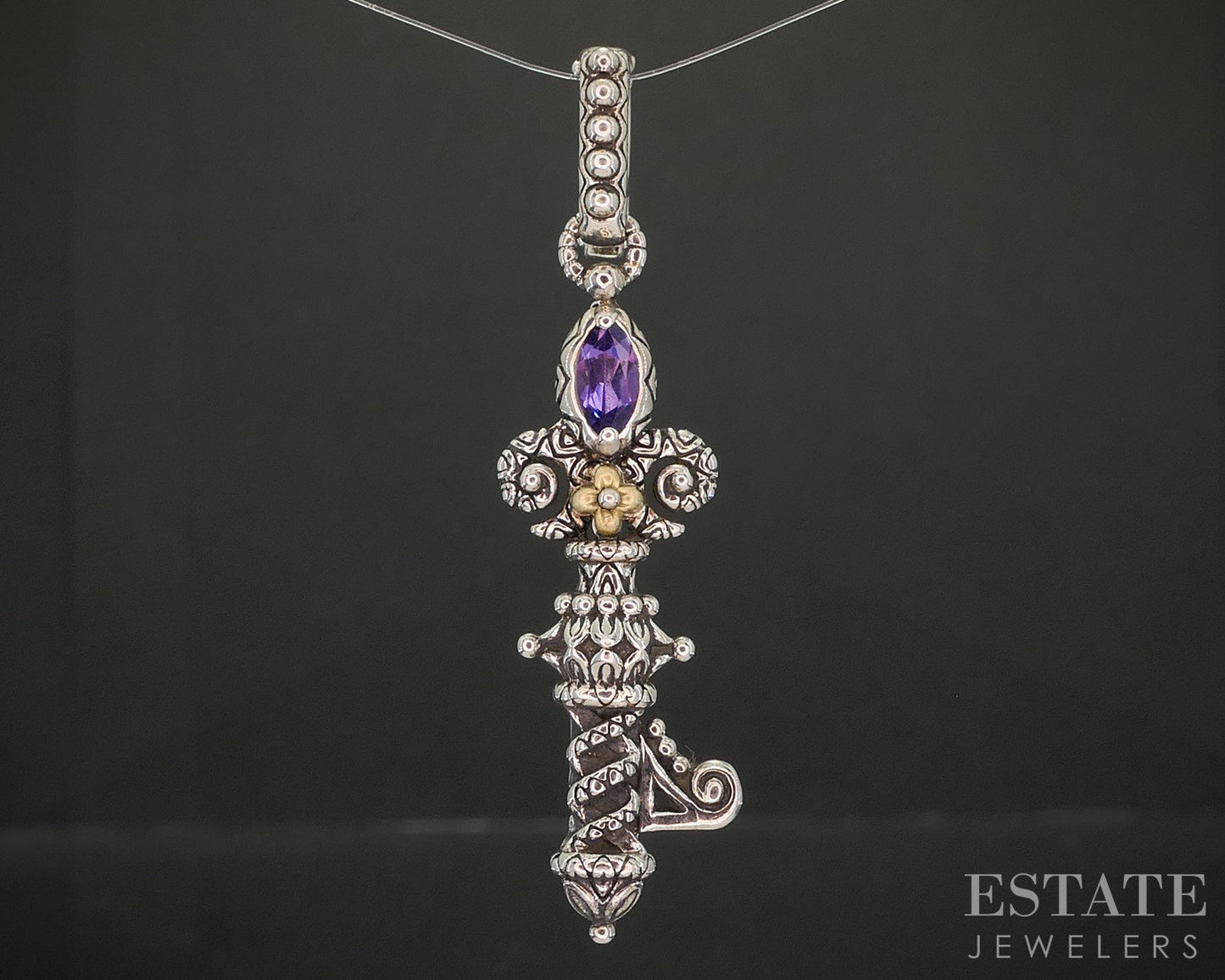 18k & Sterling Barbara Bixby Natural Amethyst Key Ladies Pendant 6.2g i20440