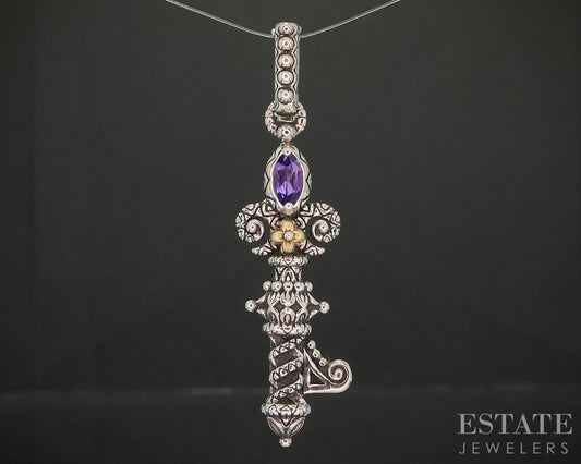 18k & Sterling Barbara Bixby Natural Amethyst Key Ladies Pendant 6.2g i20440