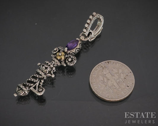 18k & Sterling Barbara Bixby Natural Amethyst Key Ladies Pendant 6.2g i20440