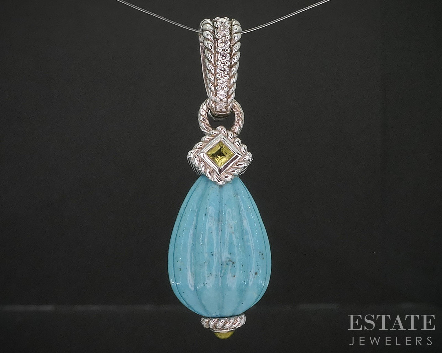 Sterling Silver Judith Ripka Carved Turquoise Lemon Quartz CZ Pendant 9g i20439