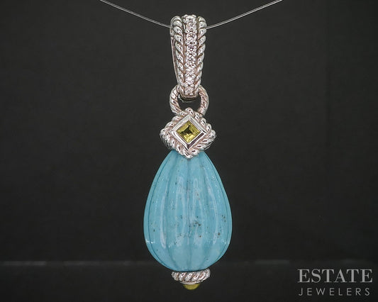 Sterling Silver Judith Ripka Carved Turquoise Lemon Quartz CZ Pendant 9g i20439