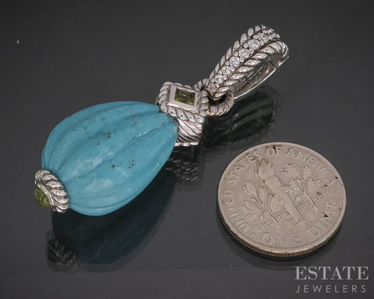 Sterling Silver Judith Ripka Carved Turquoise Lemon Quartz CZ Pendant 9g i20439