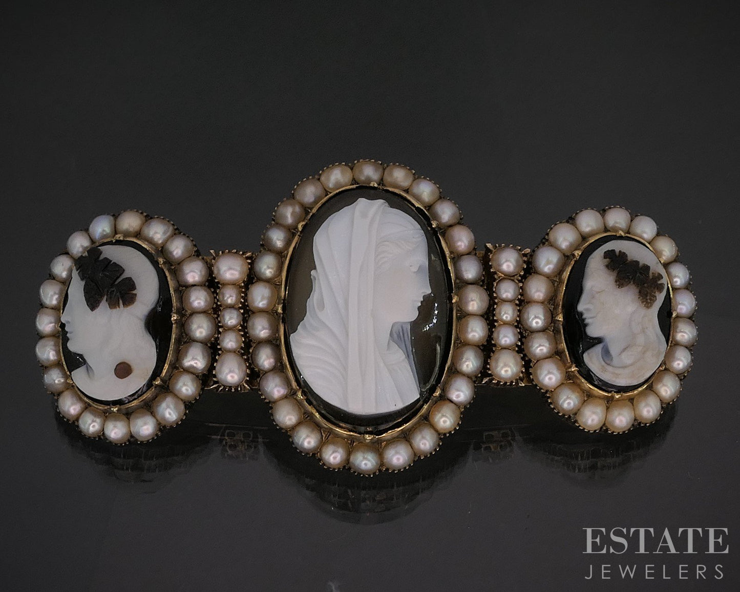 Antique Victorian 12k Yellow Gold Natural Cameo & Pearl Pin Brooch 33.7g i20415