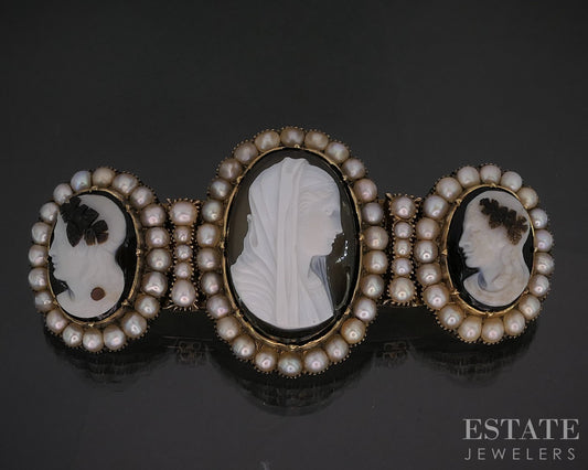 Antique Victorian 12k Yellow Gold Natural Cameo & Pearl Pin Brooch 33.7g i20415